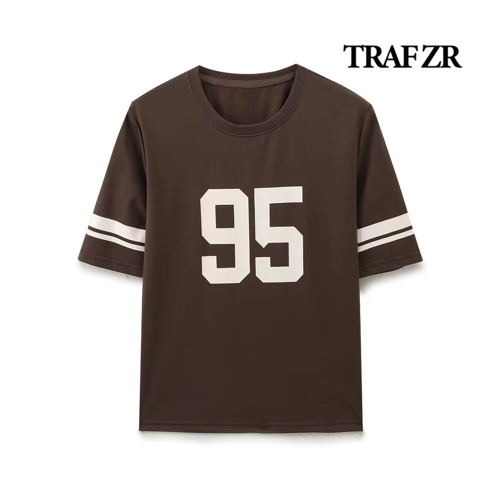 TRAF ZR Preppy Style Short Sleeve Tees Basic Number Print T-shirts for Women COTTON High Street O-neck Fitted Tshirt  Y2k Top