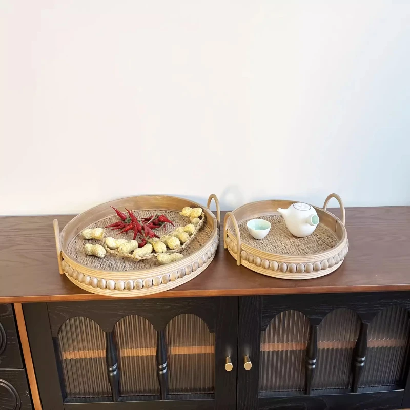 

Поднос из ротанга в винтажном стиле, многофункциональная тарелка для хранения вещей, корзина с фруктами из цельного дерева, сервировочное блюдо для кухни в фермерском доме