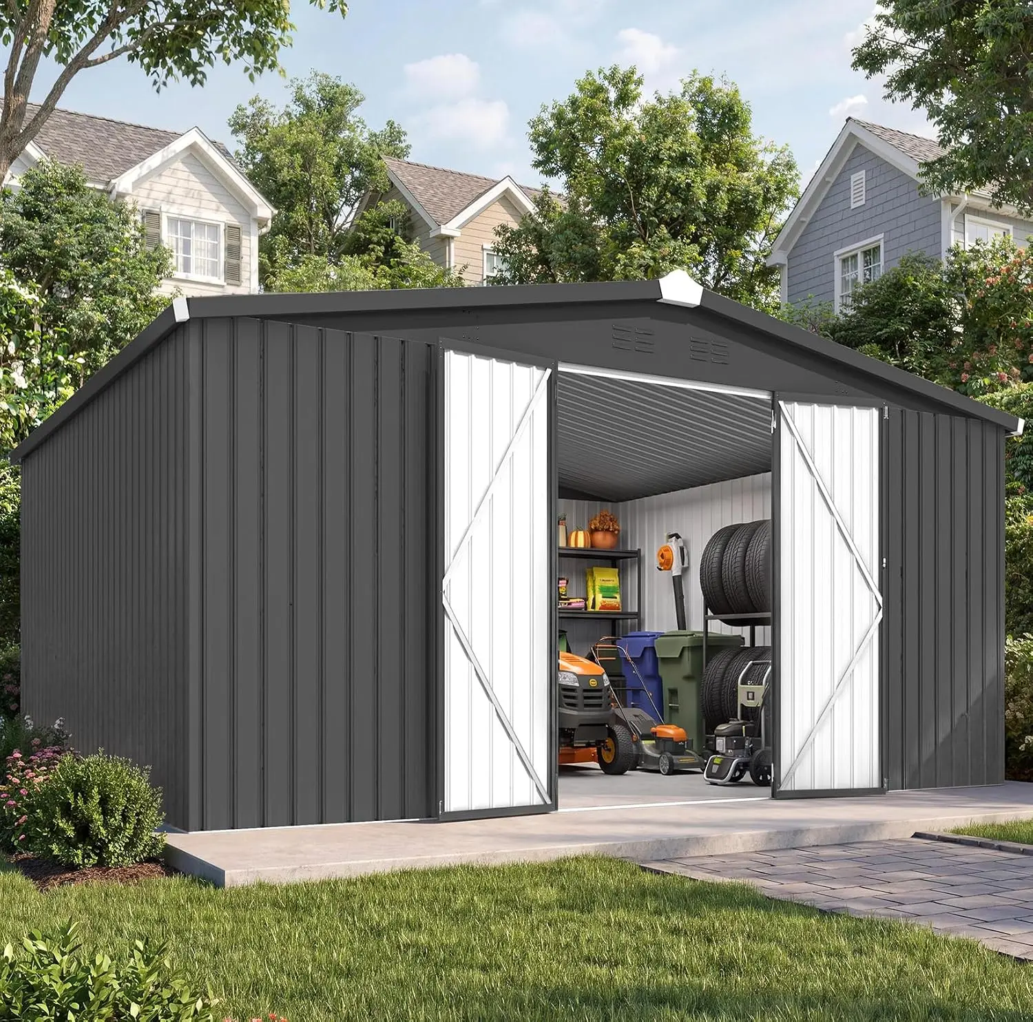 12' x 14' Waterproof Metal Outdoor Storage Shed, Large Heavy Duty Outside Storage Shed with Lockable Wide Double, Customized