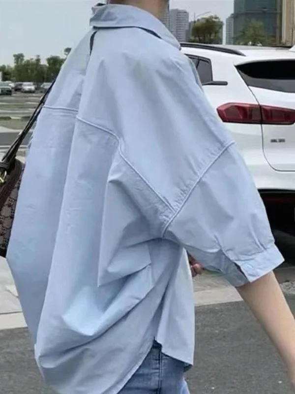 Elegant Hong Kong Style Loose Short Sleeve Women's Shirt Summer Slimming Design Back Hollow out Casual Top Fashionable