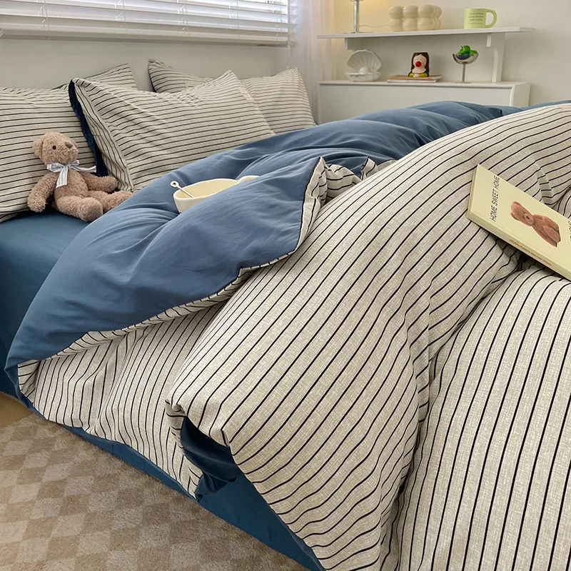 Bed Linen Four-piece Comforter Sets Bed Linen 2 Bedroom Simple Checkered Cotton Bed Sheets Pillowcases Striped Bedding Set