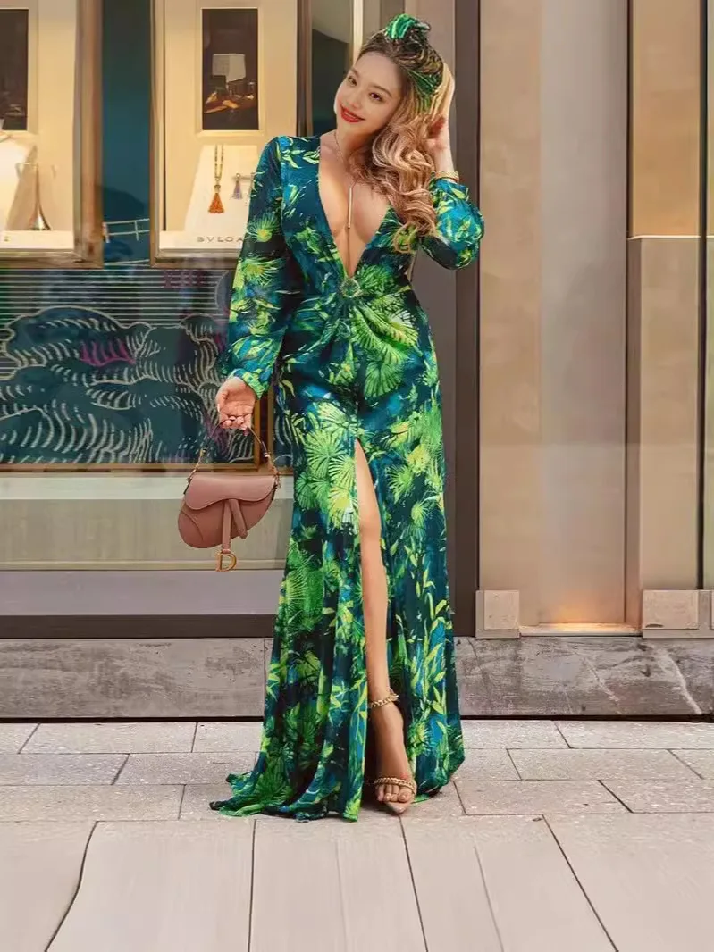 Spring and Autumn Long Sleeve Bayonet Button Knot Printed Dress Long Dress