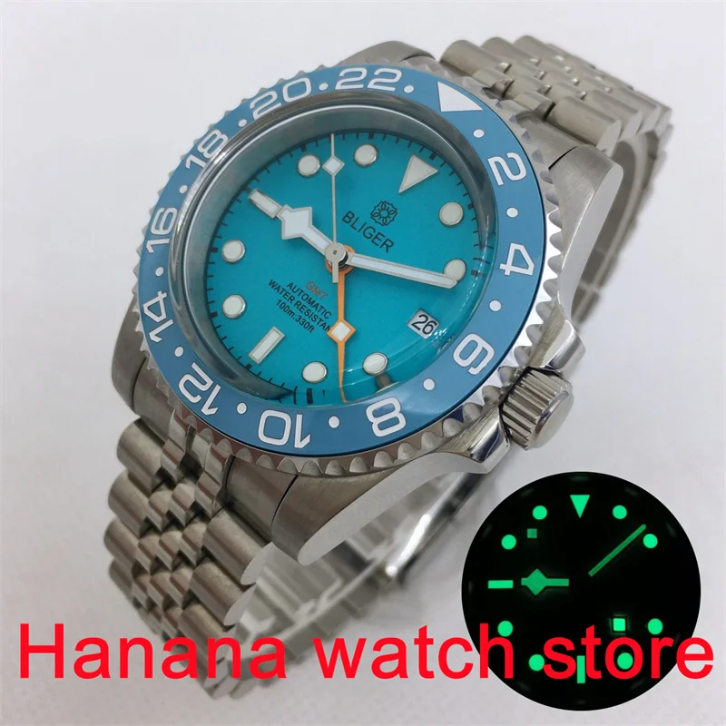 BLIGER NH34A(GMT) Watch 40mm Dome glass silver case  Luminous blue dial Snowflake hand ceramic bezel