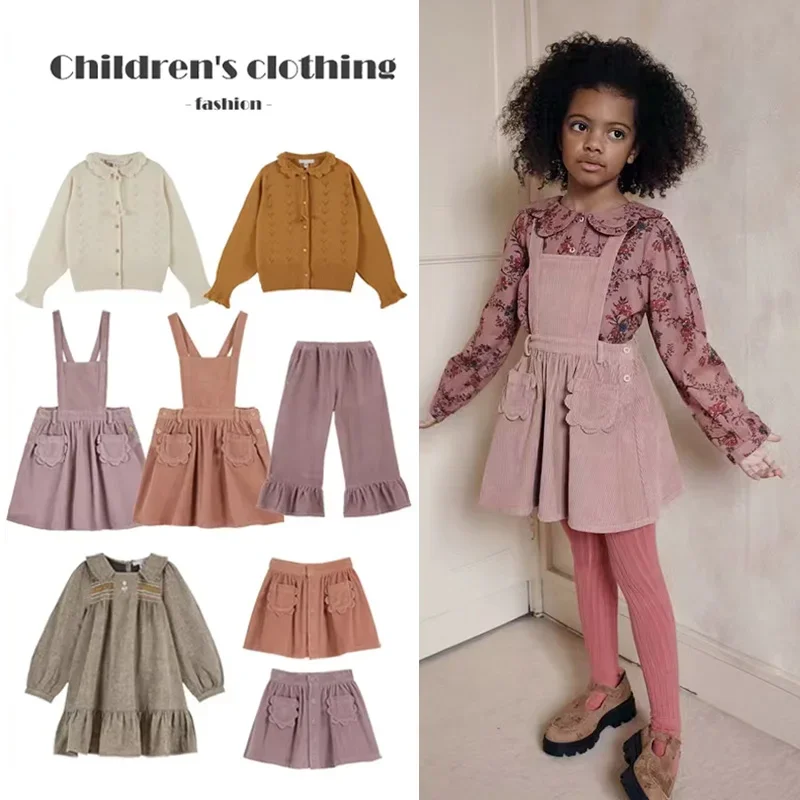 Autumn/Winter Girls' Cardigan Sweater 2024 New EM Knitwear Corduroy Girls' Strap Skirt Pants Baby Cardigan Children's Clothing