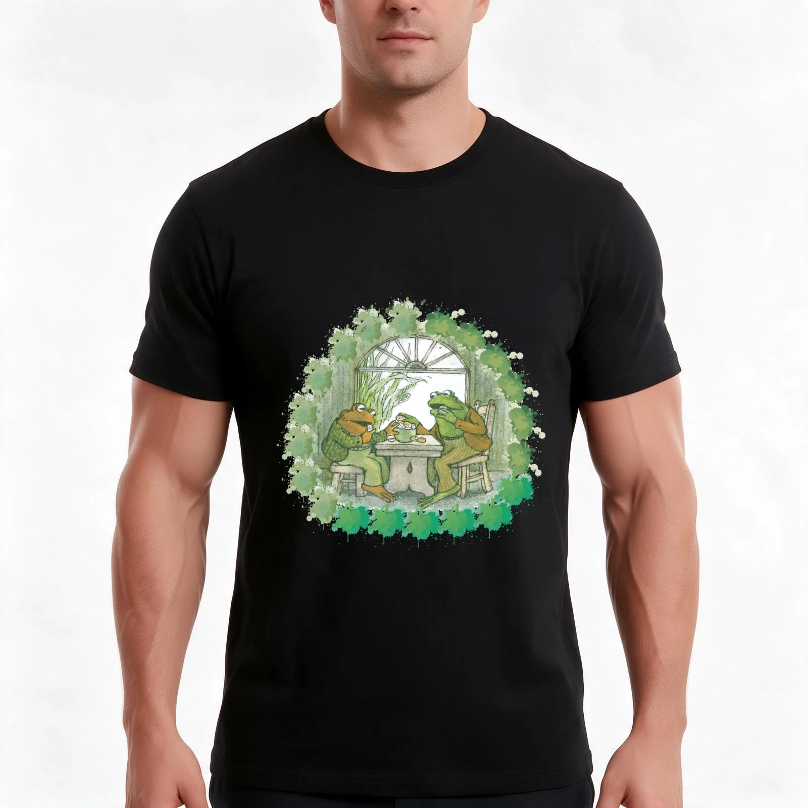Frog and toad on table T-Shirt, Summer Casual Cotton Tee, Oversized Streetwear Tops, Vintage Graphic Print, Unisex Men Women