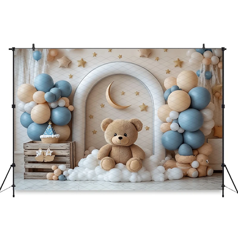 Mocsicka Baby Shower Boy 1st Birthday Photography Backdrops Bear Tapestry Cake Smash Background Newborn Gender Reveal Photoshoot