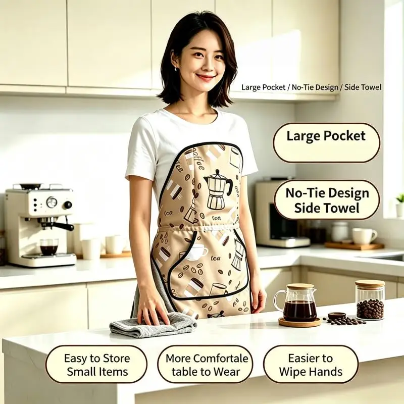 Waterproof Oil-Proof No Tie Kitchen Apron Sleeveless Cooking Apron with Side Hand Wiping Towel Printed Household Cleaning Apron