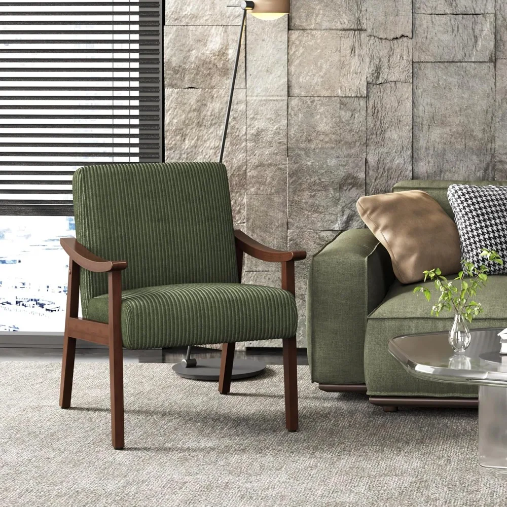 

Corduroy Accent Chair, Mid-Century Modern Armchair with Solid Wood Legs, Reading Leisure Chair with High Back for Livi