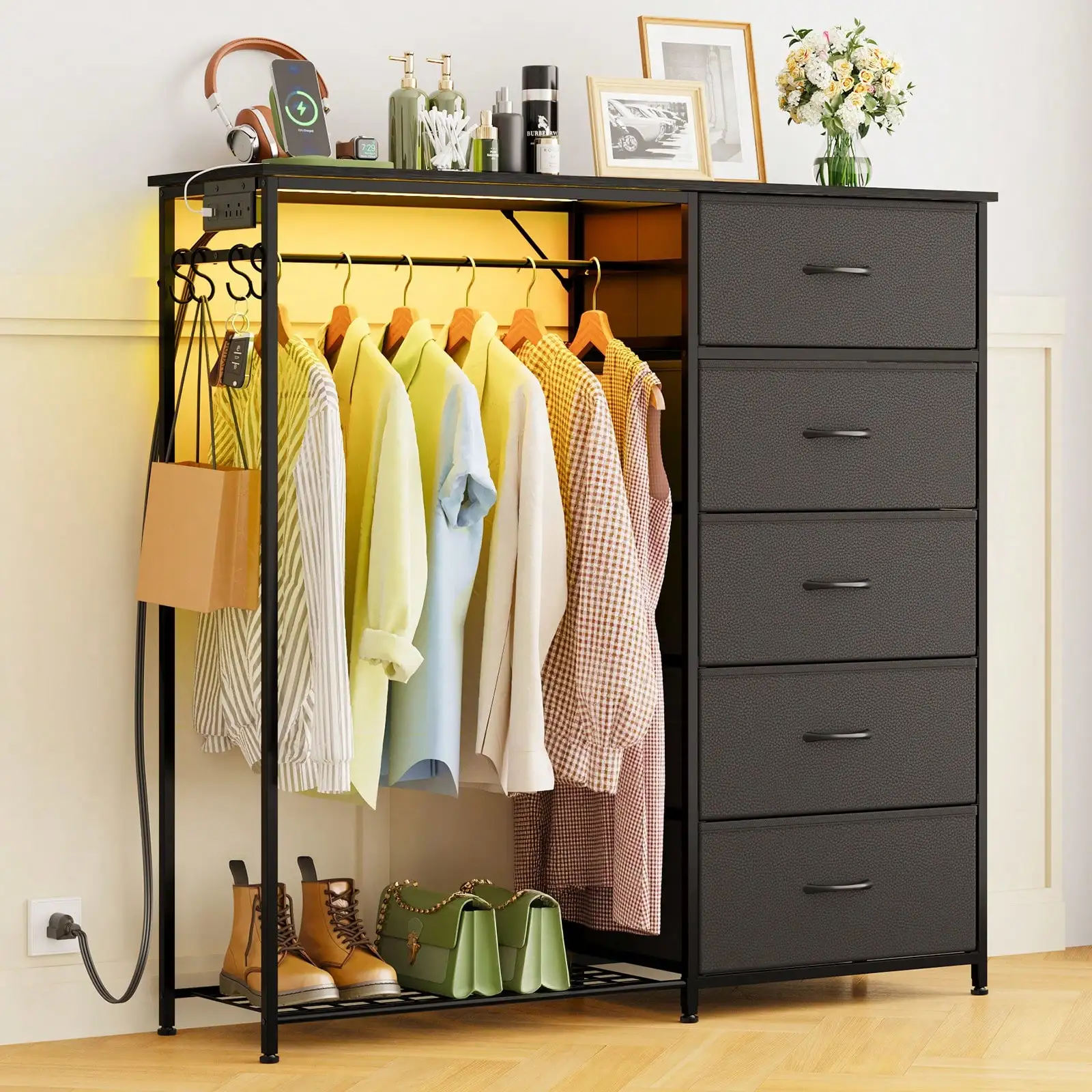 

5 Drawers Dresser For Bedroom With Hanging Rack With LED Lights & Charging Station, Fabric Dressers & Chest Of Drawers Wit