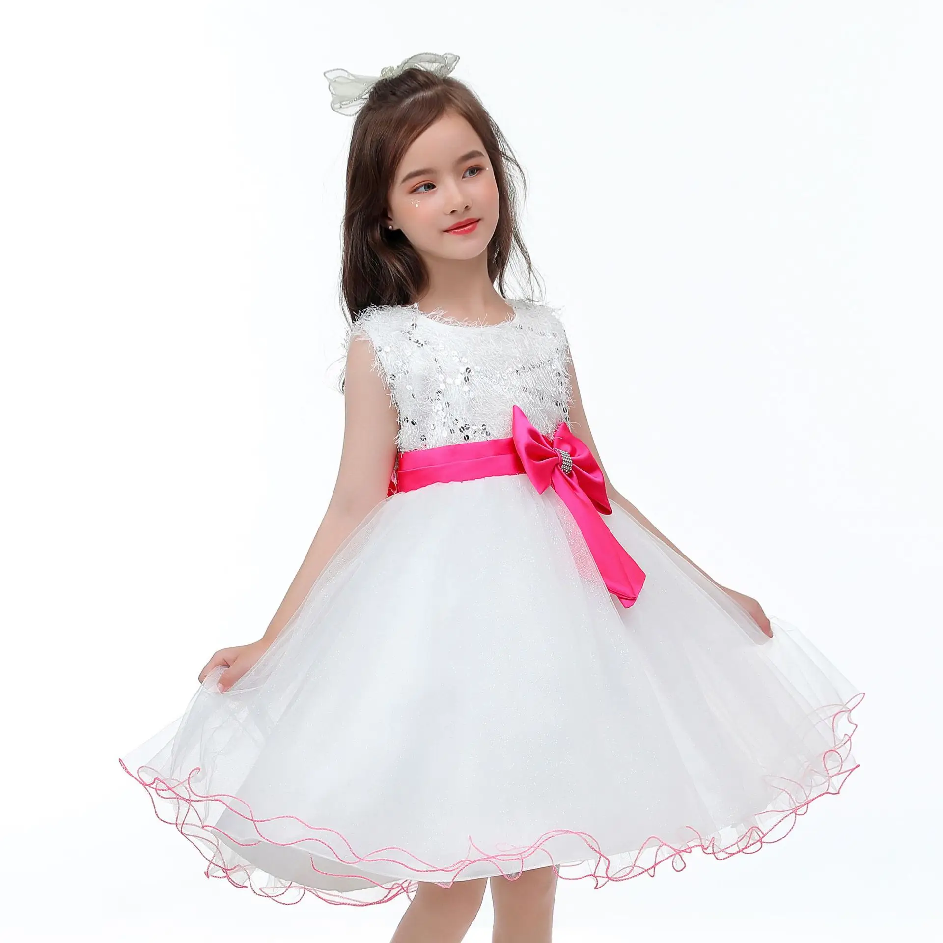 

White Boutique Sequins Lace Dress Girls Dresses Mesh Flower Decoration Bow Children's Festival Party Princess Dress Top