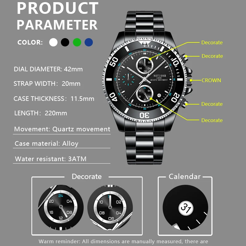 NOTIONR Fashion Black Watches Luxury Men Business Waterproof Stainless Steel Quartz Watch Man Casual Luminous Clock reloj hombre