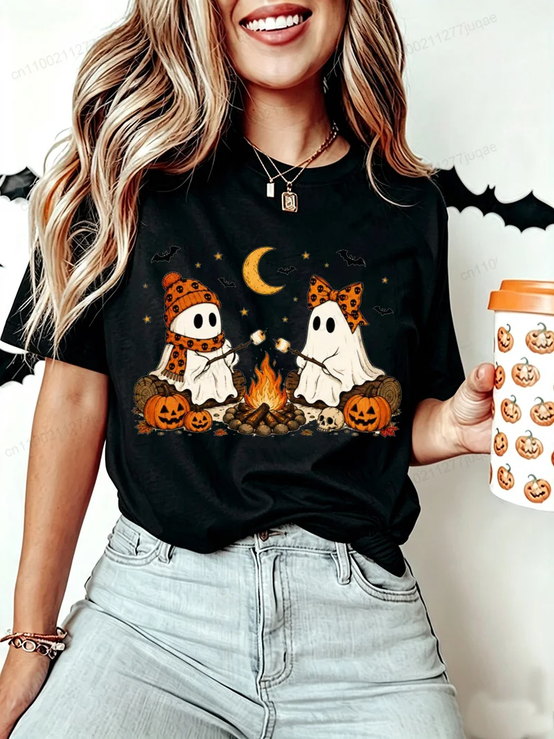 2026 Women T-shirt Round Neck Cute Ghost Bonfire Pumpkin Moon Halloween Print Short Sleeve Tops Holiday Casual Women's Clothing