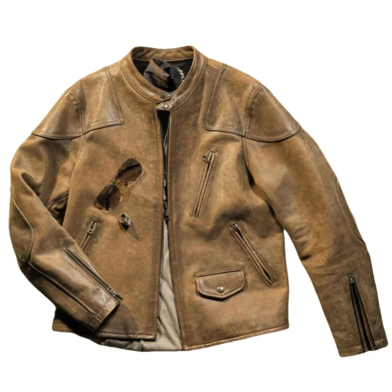 

Khaki Autumn Leather Jacket Men Retro Vintage Style Plus Size 5XL Genuine Natural Cowhide Stand Collar Sports Coat