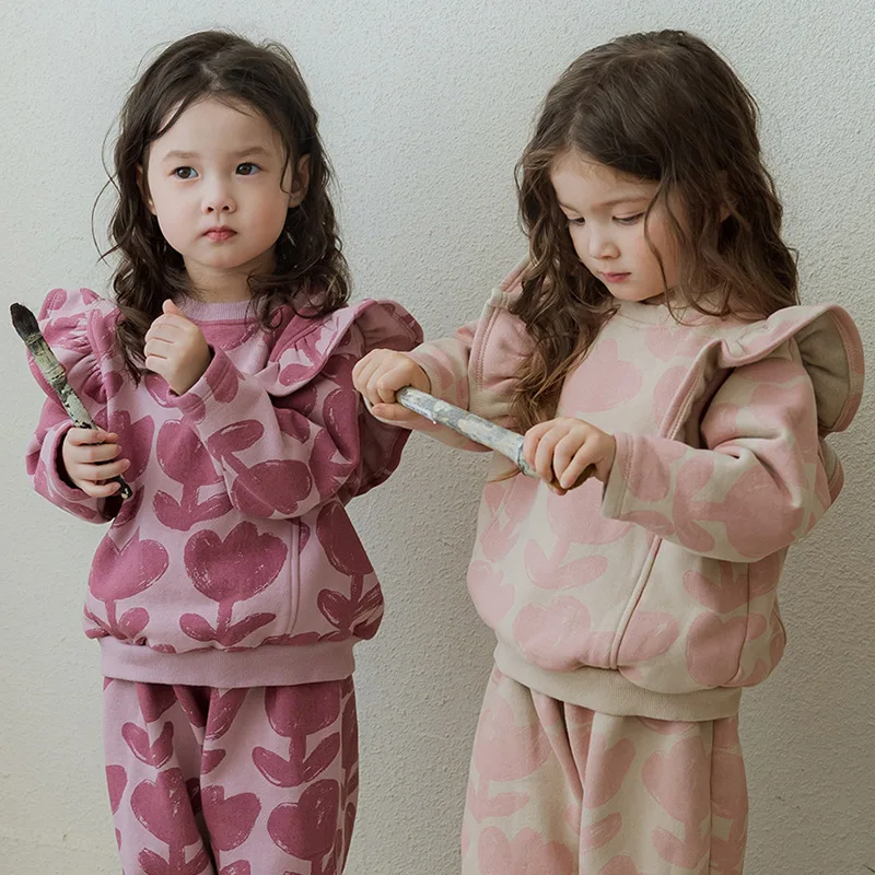 

UNITIM Children Girls 2piece Set 2025 Winter Thick Warm Kids Baby Girls Sweatshirt+mid Waist Flower Printed Teen 3-9Y Girl Pant