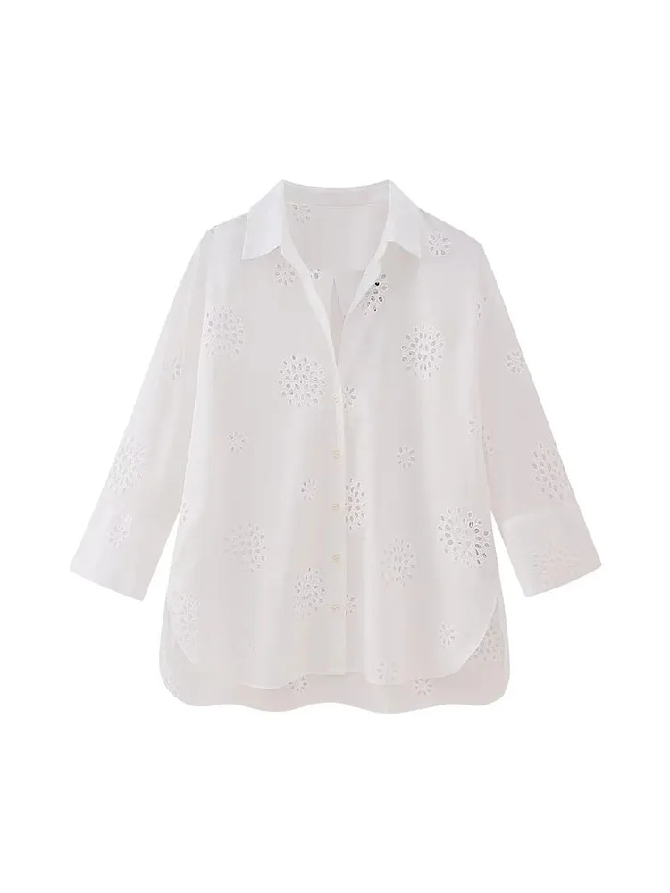 TRAF Fashion Women Embroidered Blouse Women-Shirt New Causal Solid Lapel Single-Breasted Long Sleeve Hollow Out Shirt 3 Colors