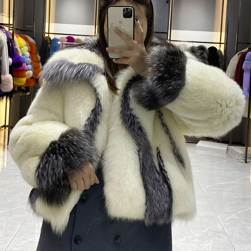 

JANEFUR 2024 Thick Warm Real Fox Fur Jacket Coat Fashion Female Natural Fox Fur Collar Coats Elegant luxury Lady Fur Outwear