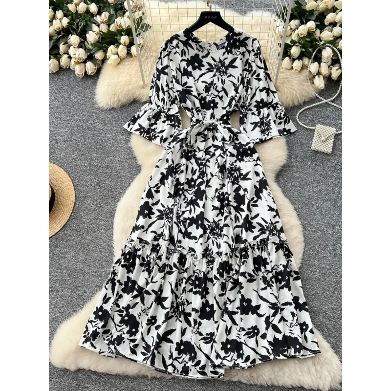 Boho donna slim chic estate stampa floreale fasciatura abito lungo casual festa volant vestido de festa elegante abito con maniche svasate