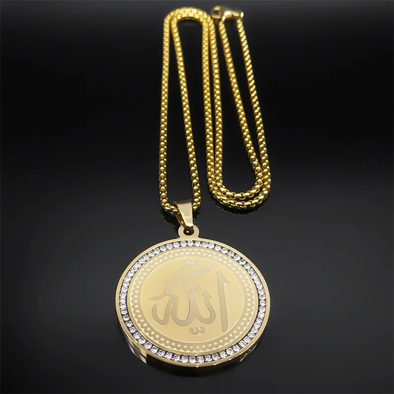 Arabic Quran Allah Medal Necklace for Women Men Rhinestone Stainless Steel Gold Color Islam Muslim Chain Jewelry collar NZZZ490