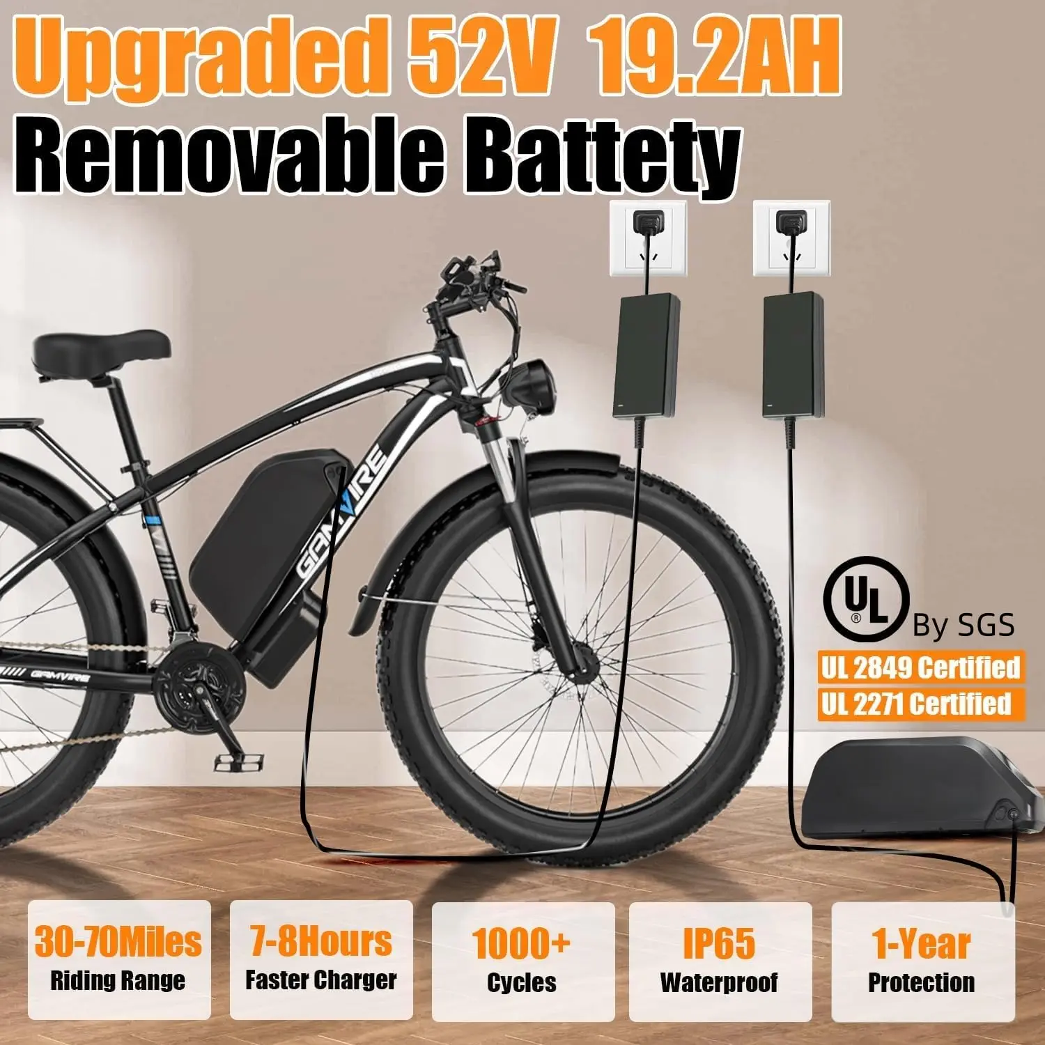 52V 19.2Ah/32Ah 2000W/3000W/6000W Electric Bike 36/40/47MPH 70/110Miles Off Road Mountain Fat Tire 24