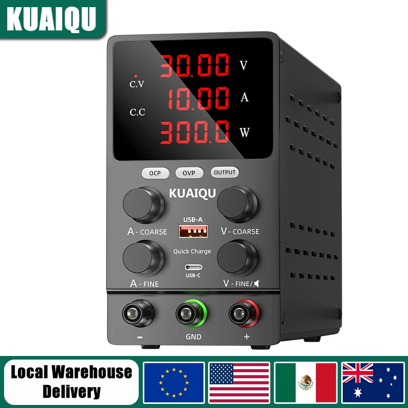 

KUAIQU OCP OVP DC Power Supply 30V 10A 60V 120V Adjustable Power Source Output Buzzer Alarm Voltage Regulator for Phone Repair