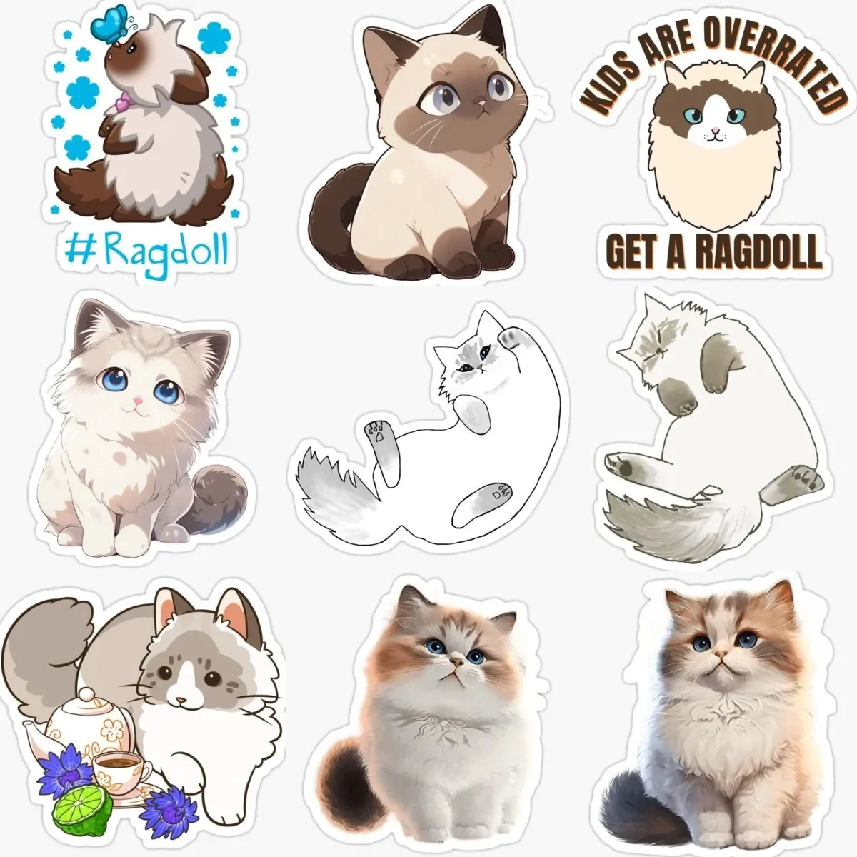 

Cute Ragdoll Cat Catoon Creative Stickers for Decorate Car Wall Room Fridge Table Motorcycle Off-road Helmet Camper Bumper
