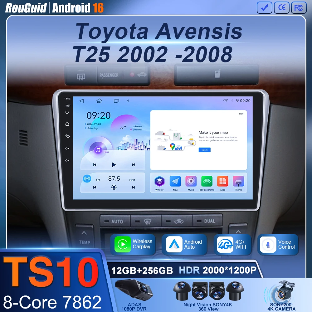 

For Toyota Avensis T25 2002 - 2008 Android 16 Multimedia Video Player 2 din GPS Navigation Mirror Link Wireless Android Auto 5G