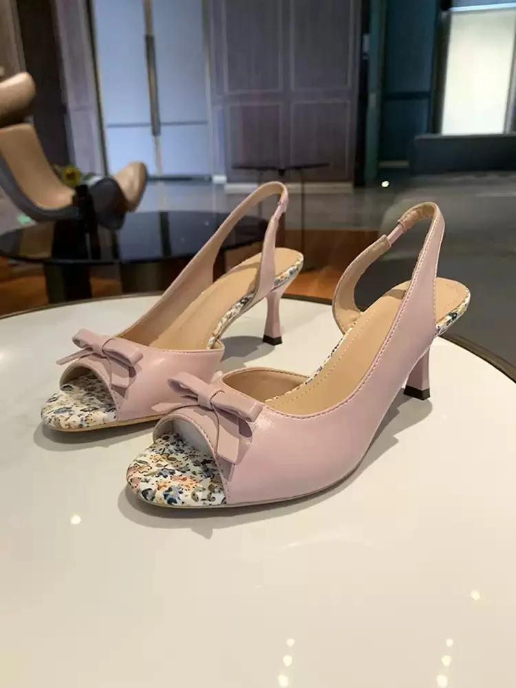 

Women's Patent Leather Bow Peep Toe Slingback Heels Floral Print Block Heel Sandals Elegant Casual Slip-On Footwear All-Match