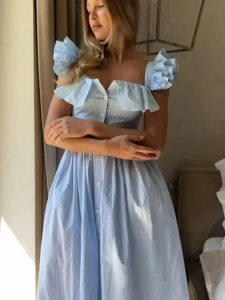 ファッショナブルなストライプフリルプリーツレディースドレスエレガントなソリッドスクエアネックシングルボタンドレス女性夏シックカジュアル9IHE