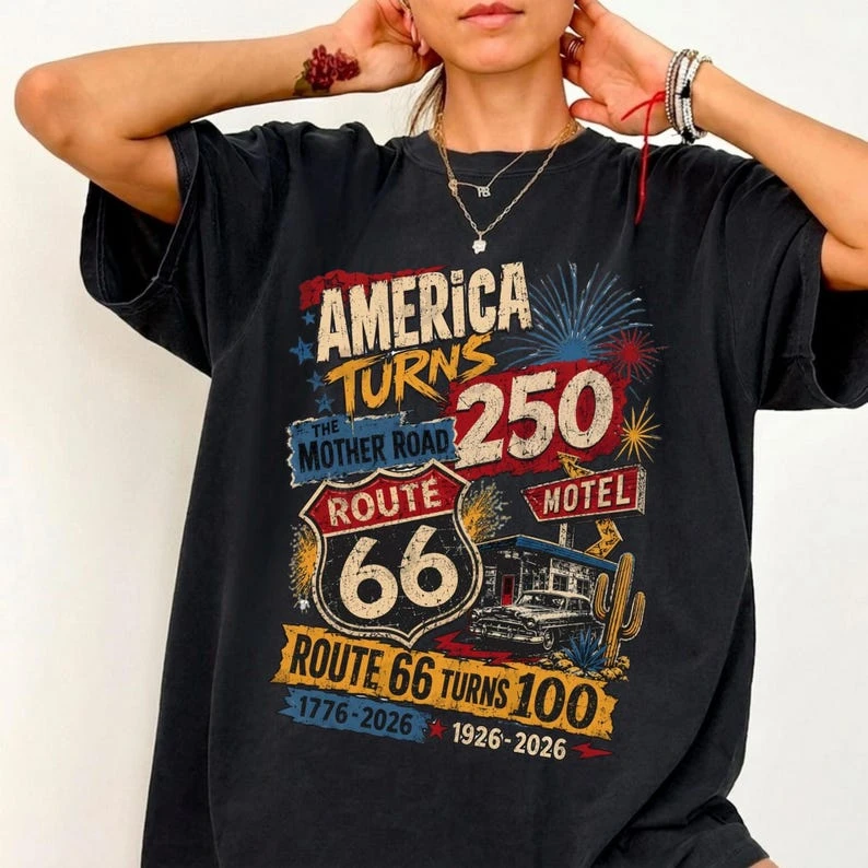 Route 66 100 Years Shirt, 250th Birthday Shirt , Historic Route 66 Centennial Shirt, Patriotic Road Trip Tee