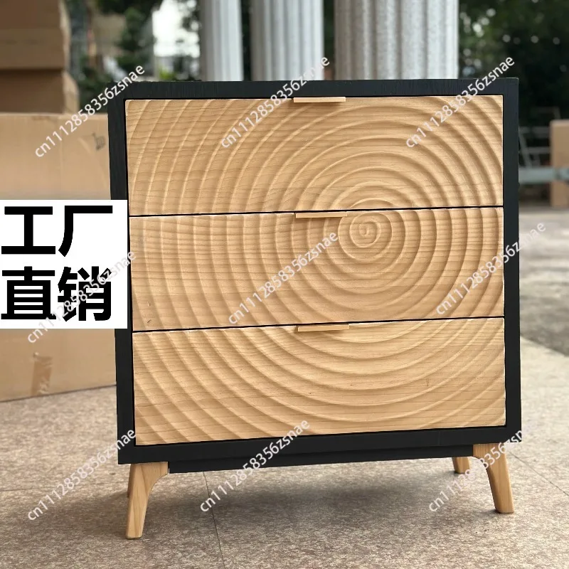 Designer wabi-sabi retro furniture log carving time ring treasure side cabinet three bucket  storage cabinet