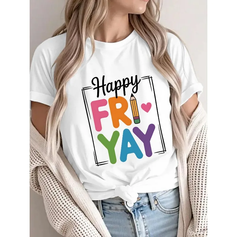 

Happy Friyay Teacher T Shirt Colorful Friday Letter Print Graphic Tee Cute Back To School Shirt Women Casual Summer Top