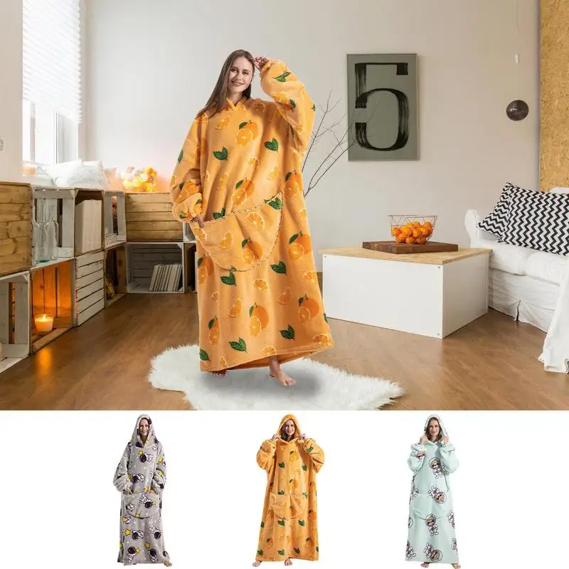

Oversized Wearable Blanket Hoodie Super Long Flannel Sweatshirt With Sleeves Soft Fleece Wrap Around Dress for Adults Women Men