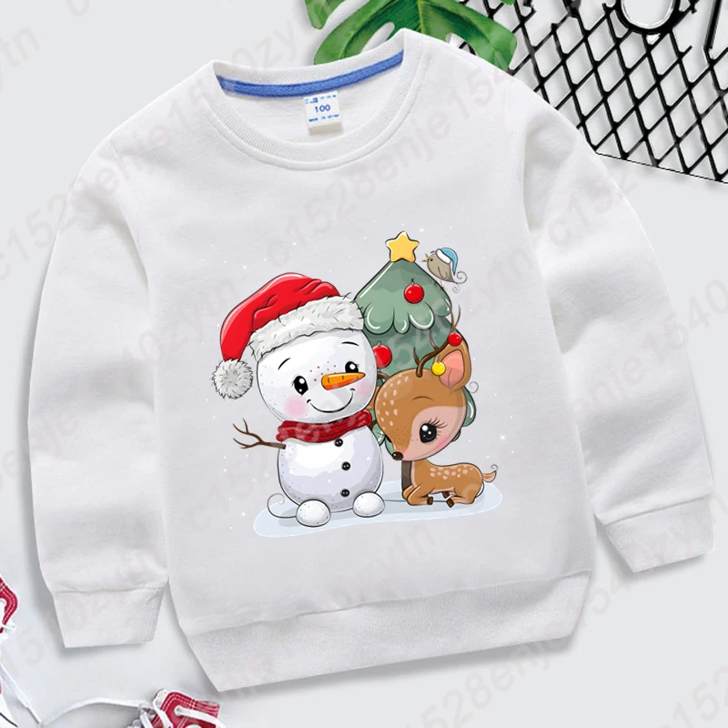 Christmas Tree Snowman Reindeer Print Pullovers Round Neck Kids Boys Girls Hoodeless Sweatshirts Long-sleeved Autumn Sweatshirts