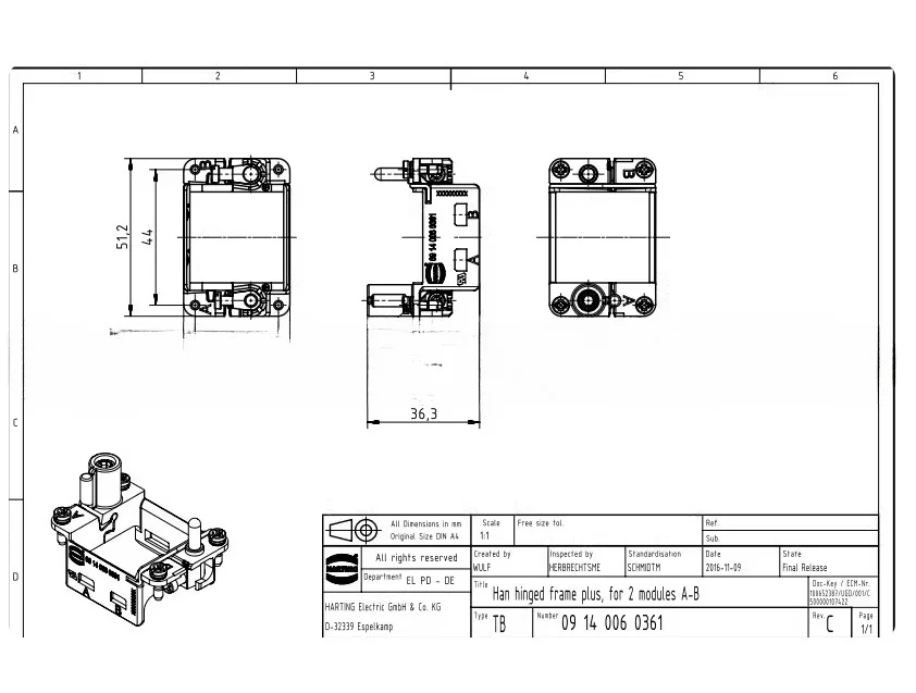 1pcs 09140060361 HARTING Heavy Duty Frame 6B for 2 Modules Standard Version