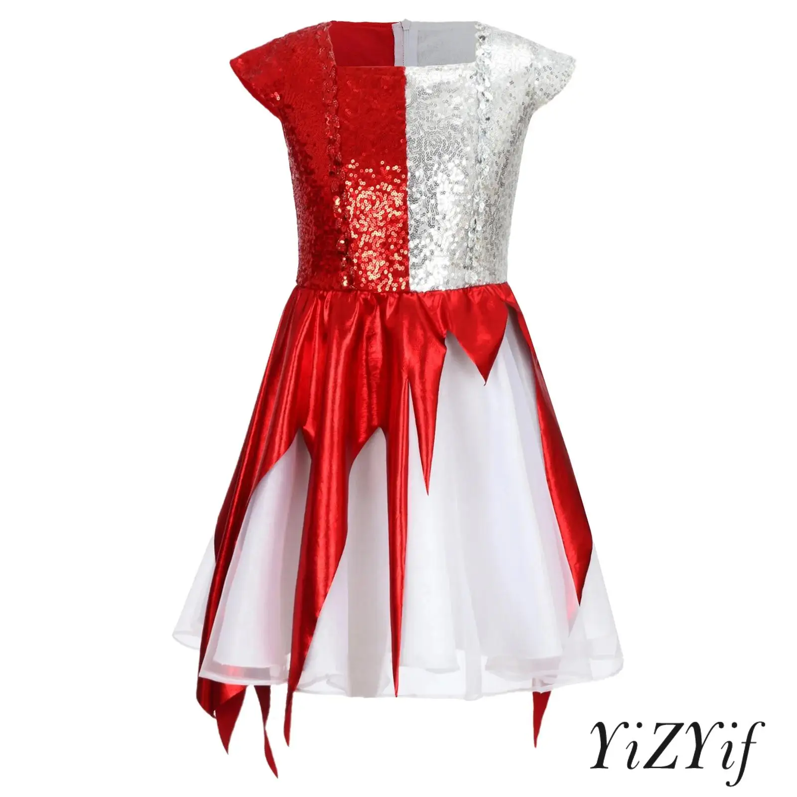 

Halloween Girls Magical Contrast Party Dress Angel Devil Design Cosplay Outfit Metallic Glossy Square Neck Sleeveless Dress