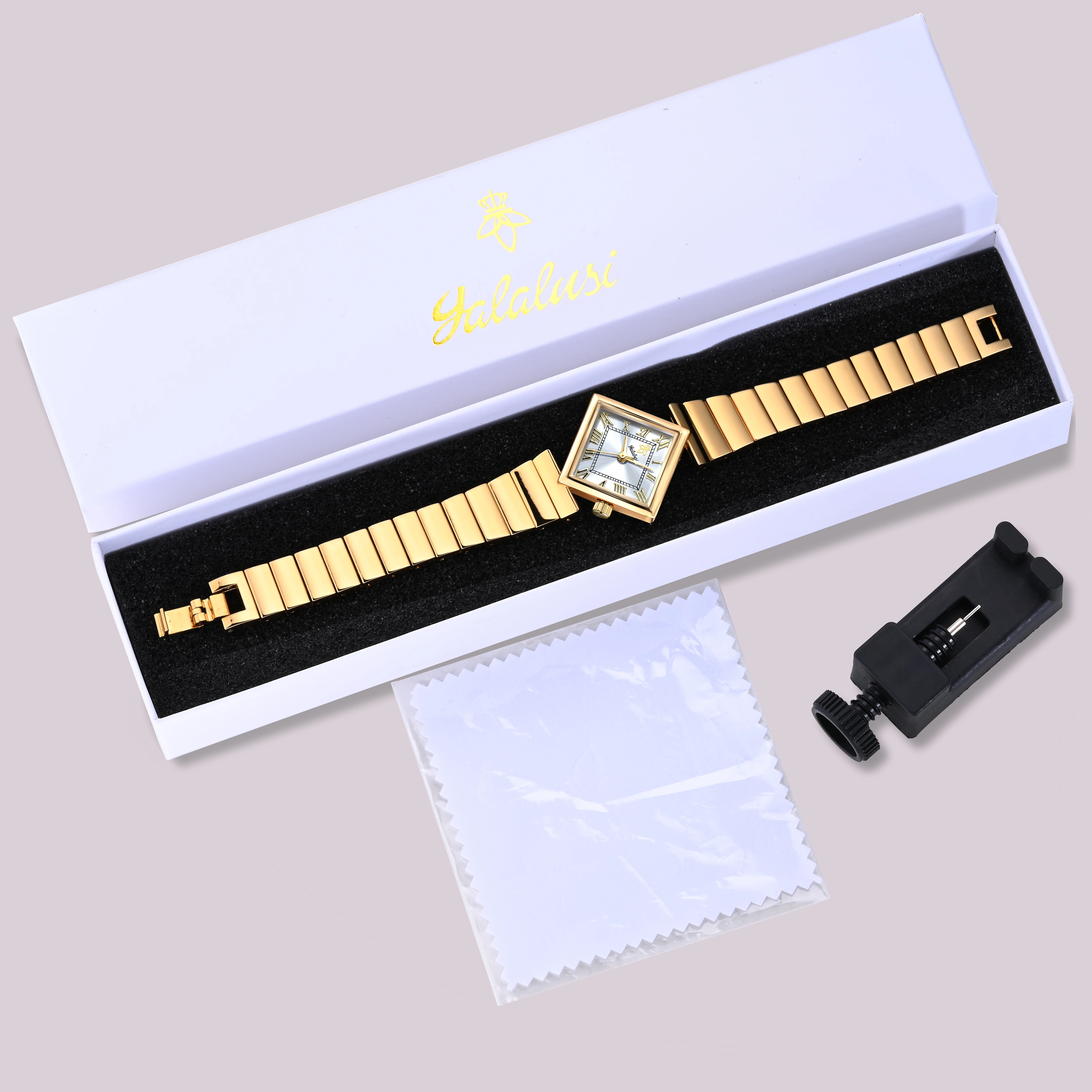 YaLaLuSi Retro Square Women Watch Gold Metal Bracelet Roman Numeral Dial Waterproof Quartz Ladies Elegant Dress Wristwatch Gift