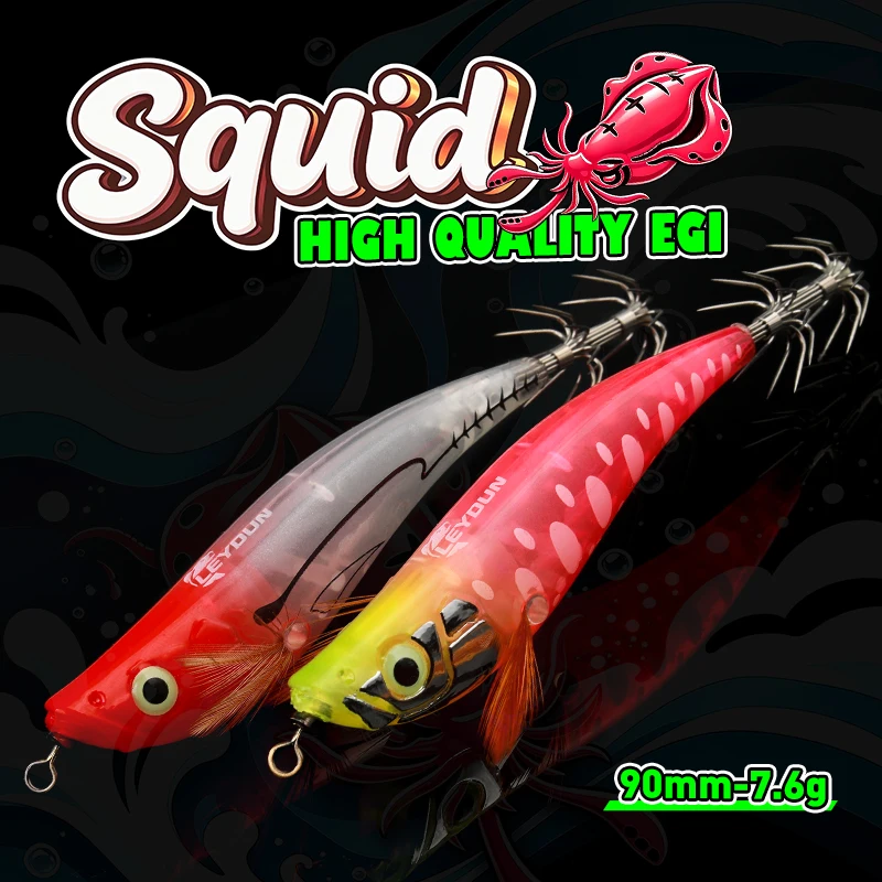 LEYDUN Squid Jig EGI Lures 90mm 7.6g UV Luminous Octopus Cuttlefish Bait Built-in Sound Bead Sharp Hook Saltwater Sea Fishing