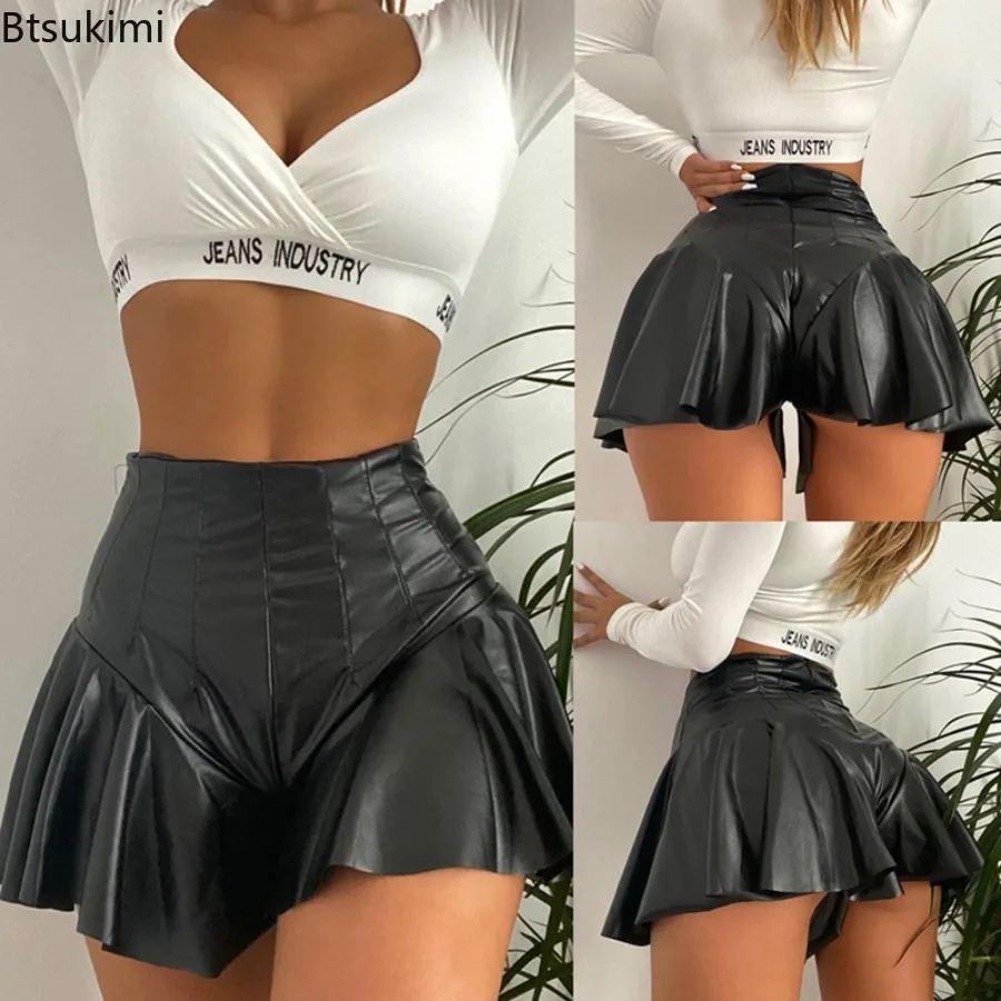 Women Fashion Slim Fit Mini Black PU Skirts Shorts Party Nightclub Sexy Shorts High Stretch Hip Lifting Hot Pants Leather Ladies