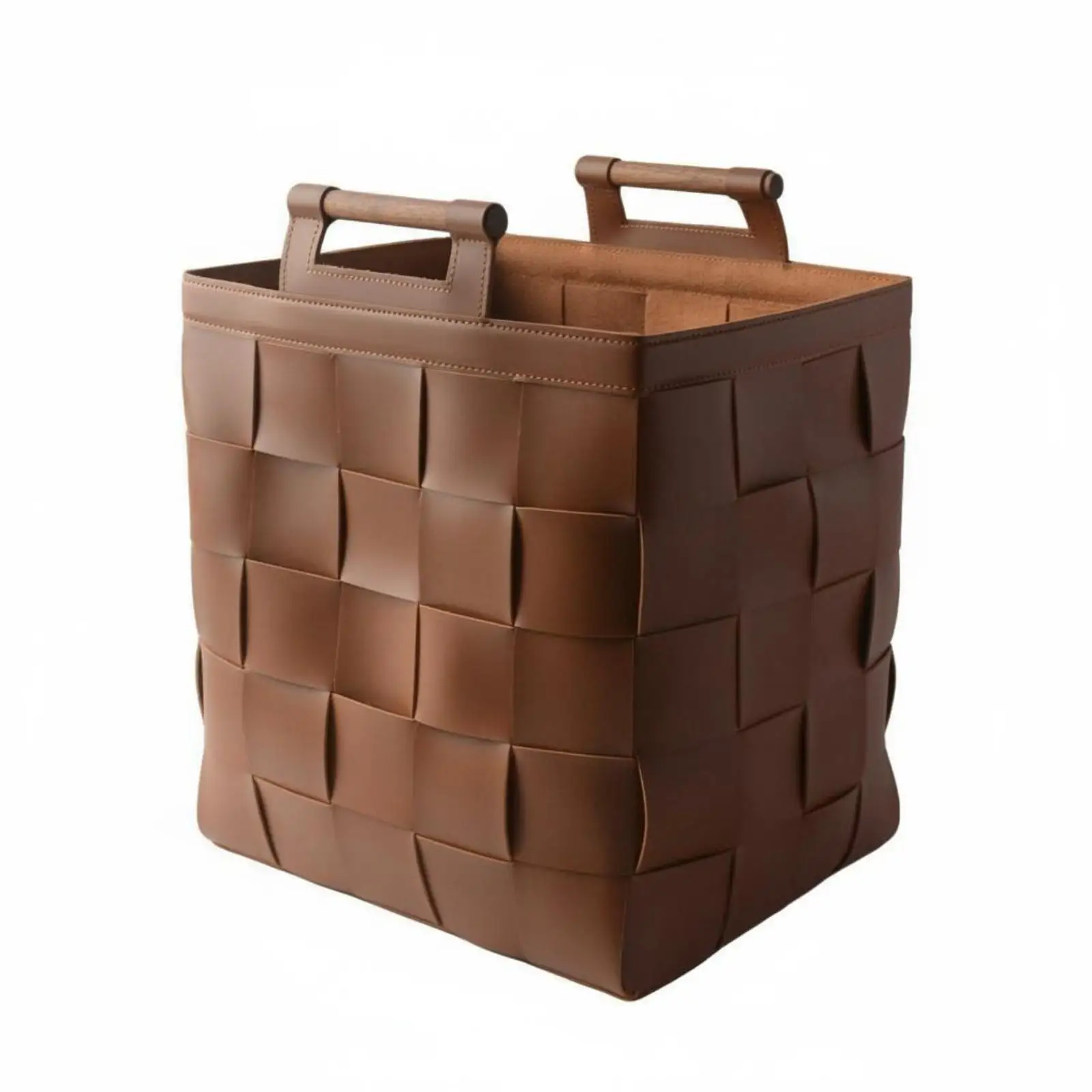 Woven Leather Basket Rigid Structure Laundry Hamper Wooden Handles Open-Top Basket for Closet