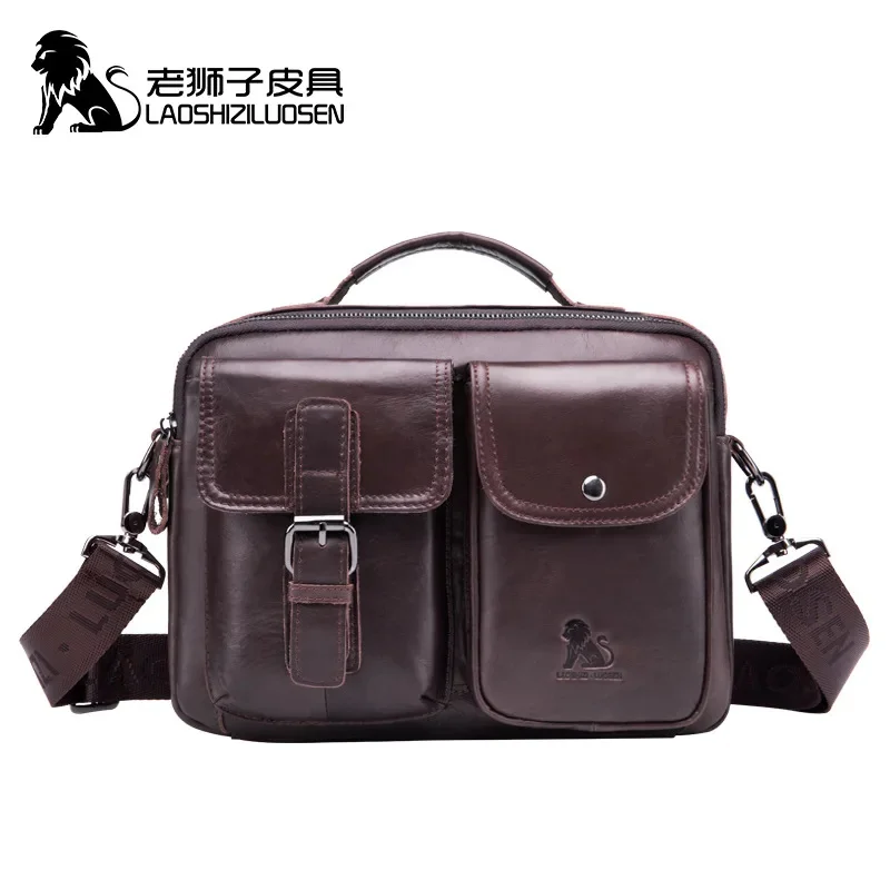 LAOSHIZI-maletín Vintage de cuero genuino para hombre, bolso de hombro de piel de vaca suave, bolso de mano informal de negocios