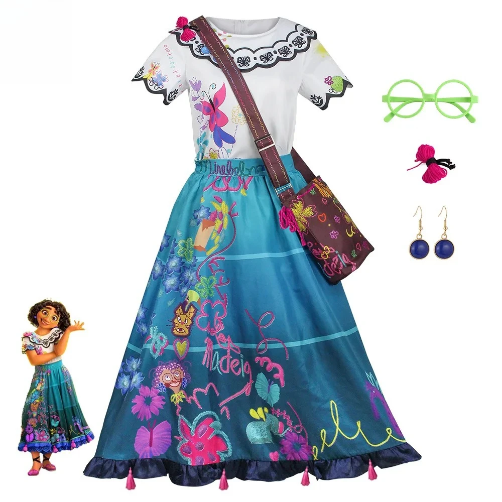

Encanto Mirabel Cosplay Costume Set for Kids - Includes Printed Dress Bag Glasses Earrings Hair Accessory Carnival Fancy Outfit