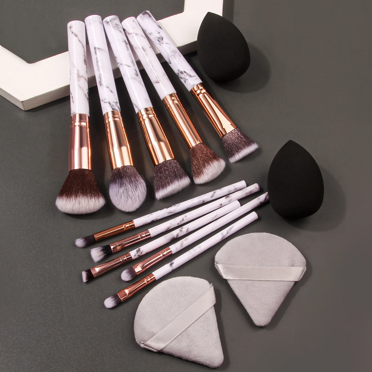 

10PCS Gray Marble Makeup Brush Set+2PCS Soft Wet Sponge Makeup Egg+2PCS Sponge Triangle Powder Puff