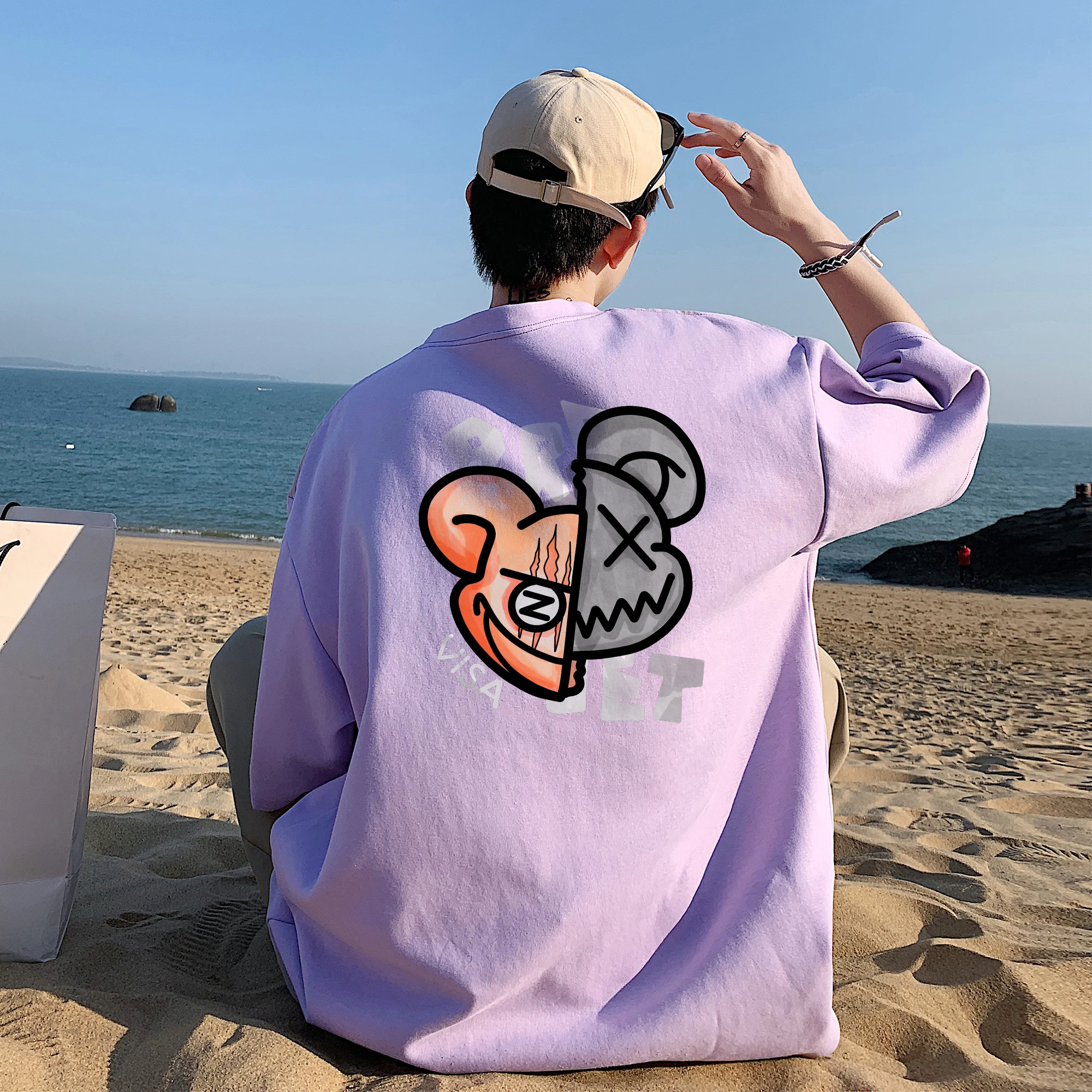 Penjualan Terlaris Musim Panas 2025 Pakaian Pria Wanita Uniseks Jepang Leher Bulat Longgar Trendi Pria Kualitas Tinggi Katun Cetak Beruang Menyenangkan