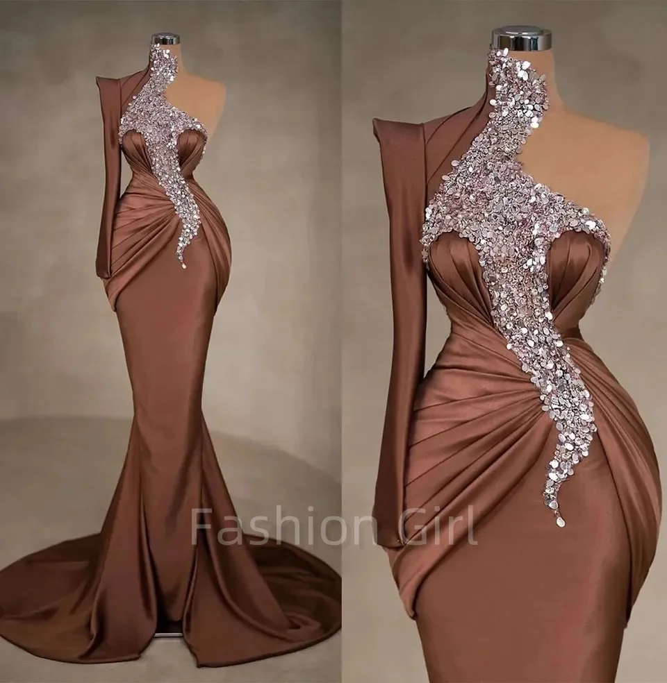 

Brown Mermaid Prom Dresses High Neck Evening Gown Party Formal New Custom Zipper Satin Sweep Train Sequins Pleat Long Sleeve