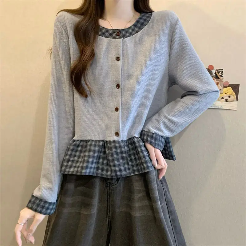

Women's Fashion Fake Two Piece Plaid T-Shirt 2026 Spring Autumn Outerwear Ruffle Long Sleeve Top Autumn Winter Base Layer Top