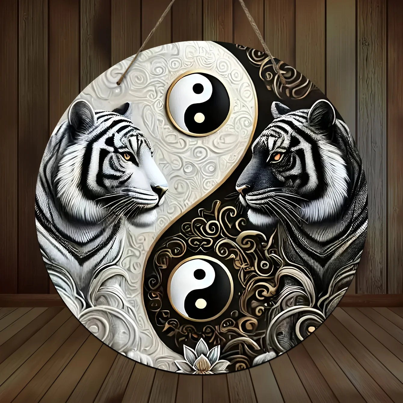1 Wooden Round Home Wall Decor Hanging. Black and White Tiger Shape 2D Flat Print, 7.87*7.87 Inches, 2D Flat