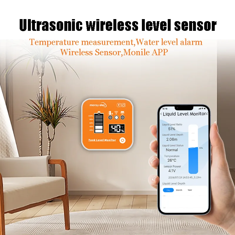 Moray ME201R Ultrasone watervloeistofdiepte-niveaumeter LCD-alarm op afstand Temperatuurweergave Mobiele draadloze vloeistofniveaumonitor