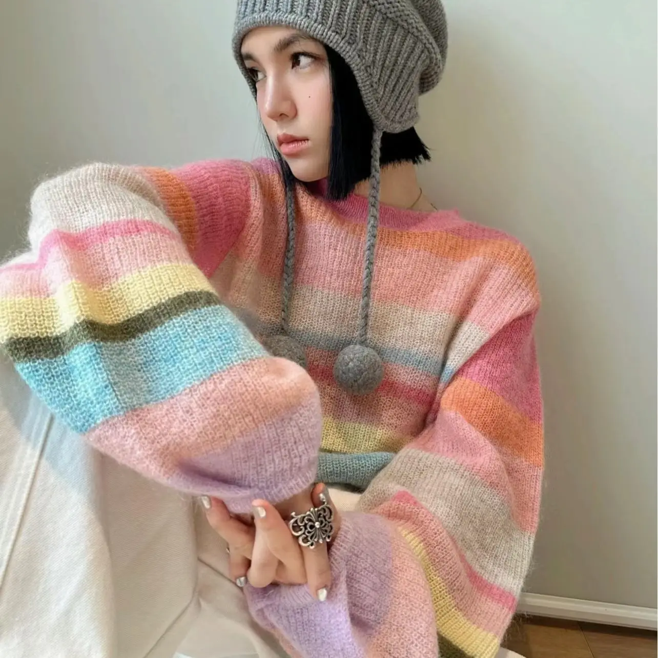 Gagarich Rainbow Striped Printed Short Sweater Women Spring Autumn 2024 New Dopamine Outfit Casual Knit Pullover Top