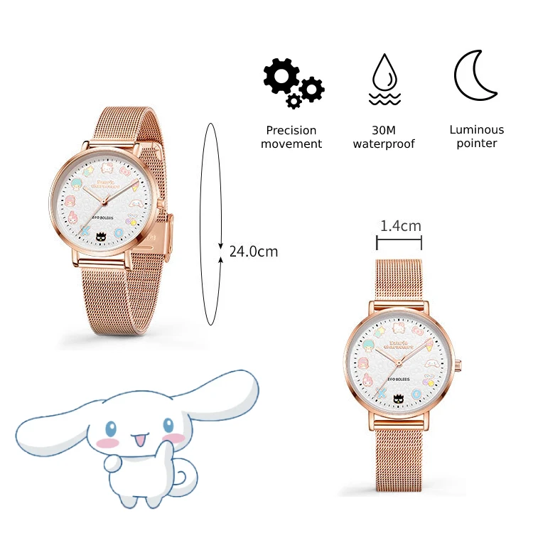 

Sanrio Cinnamoroll Mymelody kawaii Мультфильм нержавеющая сталь сетчатый ремень кварцевые наручные часы светящиеся часы для девочек подарок на день рождения