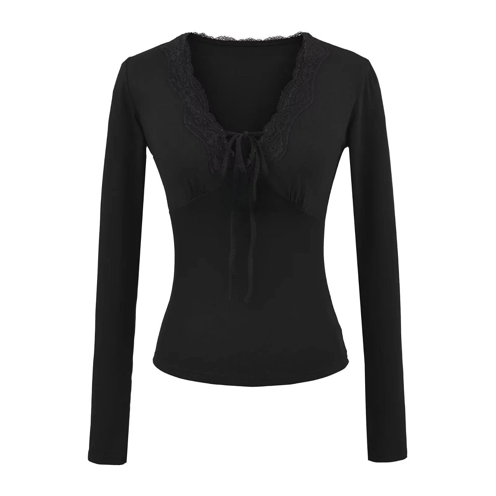 

Pure Desire Sexy Lace Trim V-Ne Long Sve T-irt Women's Slim Fit Inner Wear Hot Girl Waist Cinching Base Top